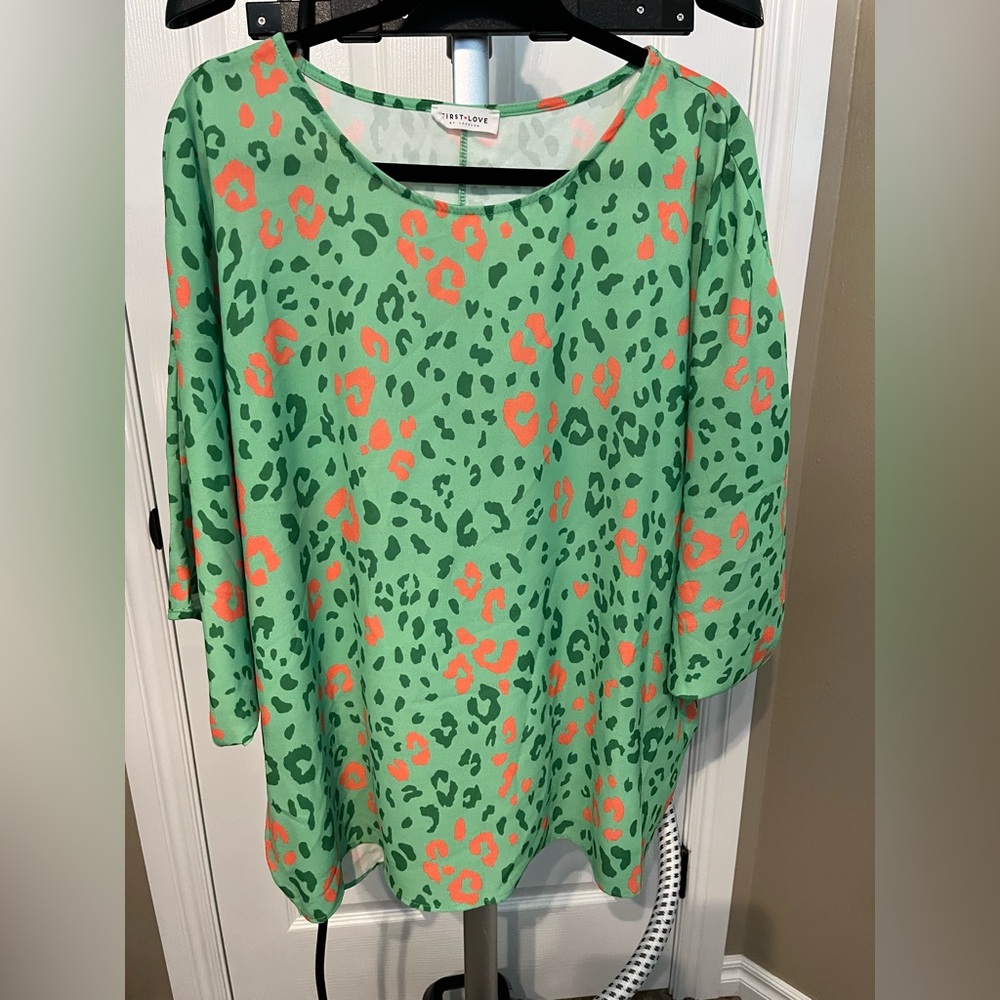 First Love by Like Love Green and Orange Leopard Print Women's Top